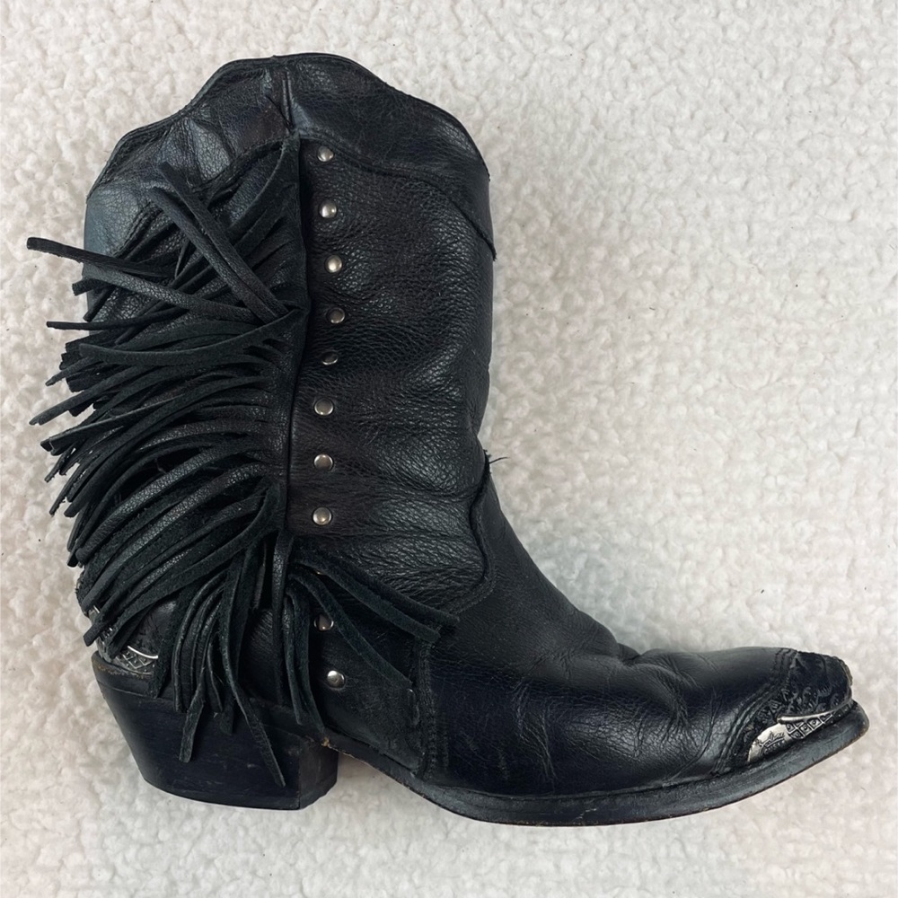 (VTG) ZODIAC • Black Genuine Leather Studded Fringe Western Cowboy Boots, 5.5 - Picture 9 of 16